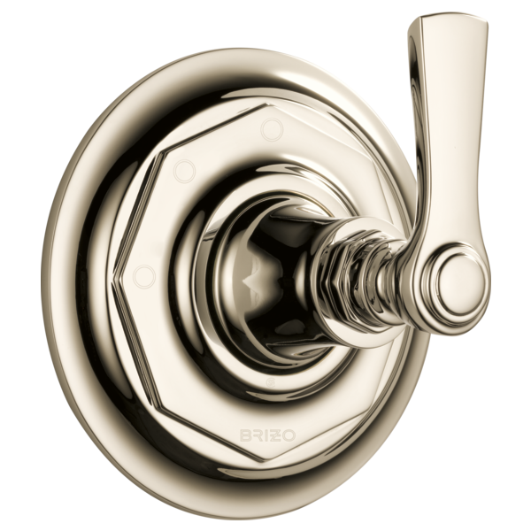Polished nickel diverter trim with round escutcheon plate and lever handle for shower or tub valve control.