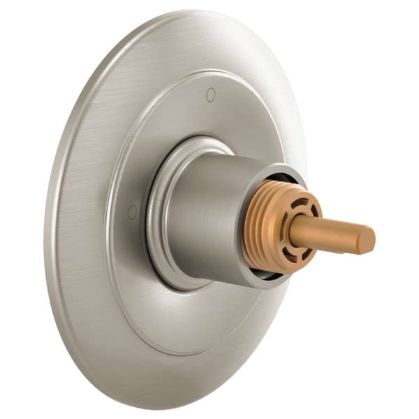 Brushed nickel circular shower diverter trim with bronze valve stem and textured grooved collar.