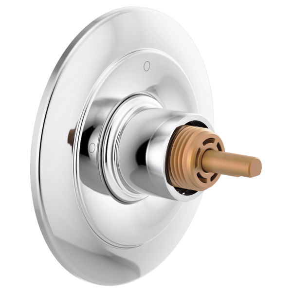 Chrome and white 3-function diverter trim with brushed bronze valve stem and circular escutcheon plate.