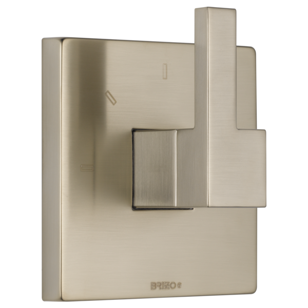 Brushed nickel square diverter trim with lever handle and three outlet ports.