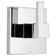 Polished chrome diverter trim with rectangular backplate, black accent strip, and three outlet ports for shower system contro