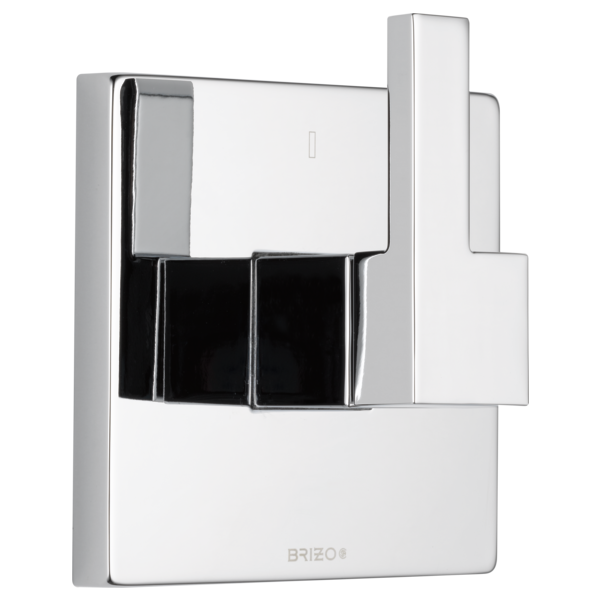Polished chrome diverter trim with rectangular backplate, black accent strip, and three outlet ports for shower system contro