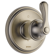 Brushed nickel circular diverter trim with spherical handle and three function markers on rounded escutcheon plate.