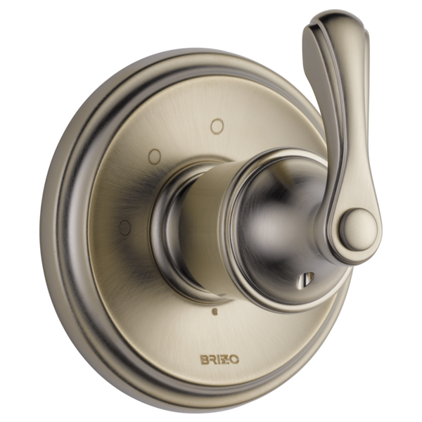 Brushed nickel circular diverter trim with spherical handle and three function markers on rounded escutcheon plate.