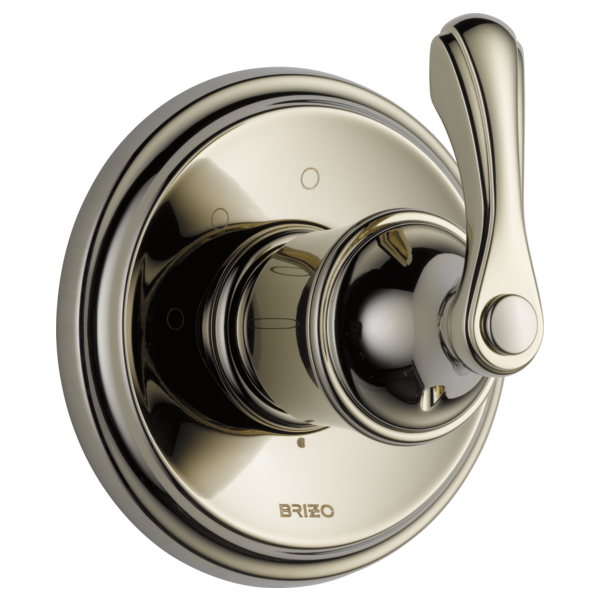 Polished nickel diverter trim with circular escutcheon plate and lever handle for shower valve control.
