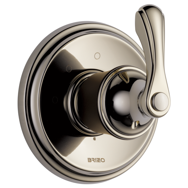 Polished nickel diverter trim with circular backplate, control knob, and lever handle for three-function operation.
