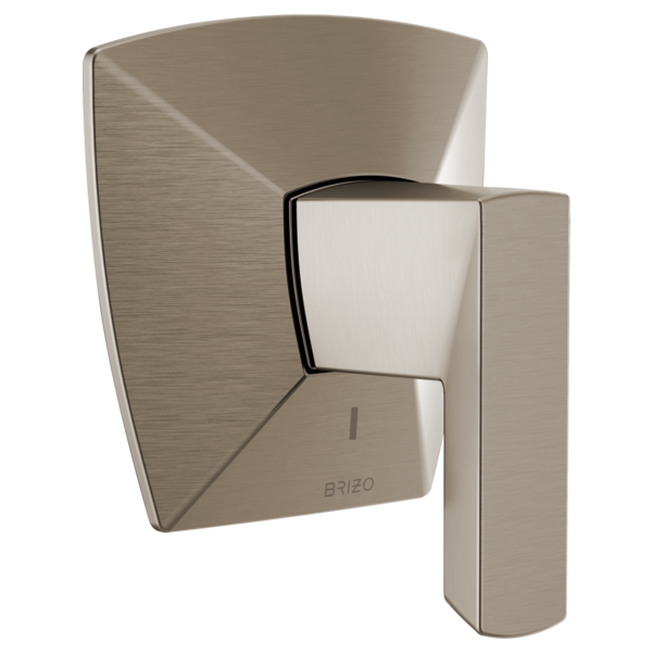 Brushed nickel diverter trim with curved backplate and lever handle for shower or tub valve control.