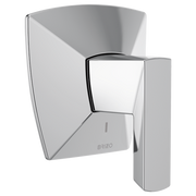 Chrome diverter trim with angular geometric design and lever handle for shower and bath control.