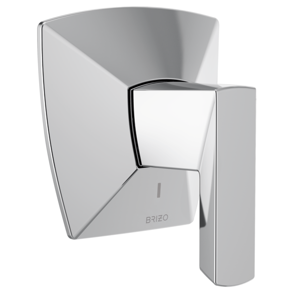Chrome diverter trim with angular geometric design and lever handle for shower and bath control.
