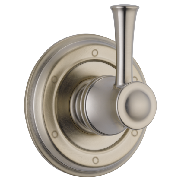 Brizo Baliza diverter trim with round escutcheon, lever handle, and vertical spout in brushed nickel finish.