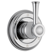 Chrome diverter trim with round backplate, vertical spout, and lever handle with ball knob.