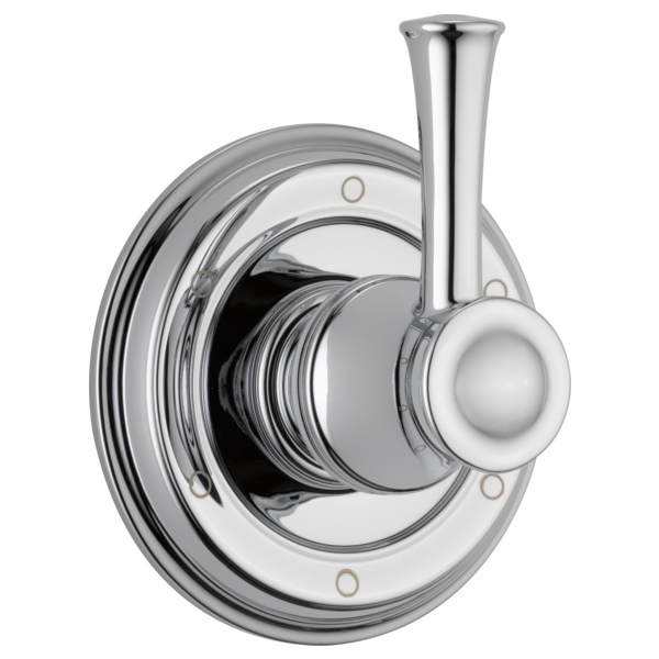 Chrome diverter trim with round backplate, vertical spout, and lever handle with ball knob.