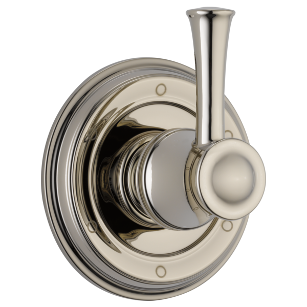 Polished nickel diverter trim with round escutcheon plate and lever handle for shower valve control.