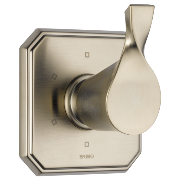 Brushed nickel diverter trim with teardrop-shaped handle mounted on rectangular escutcheon plate.