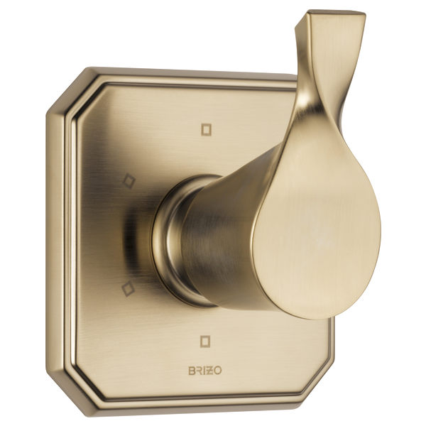 Brizo Virage diverter trim with brushed gold finish, teardrop-shaped lever handle, and rectangular escutcheon plate.