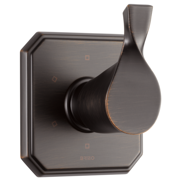 Dark bronze square diverter trim with teardrop-shaped lever handle for shower or bath control.