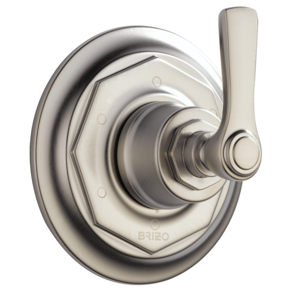 Brushed nickel diverter trim with octagonal escutcheon plate and single lever handle.