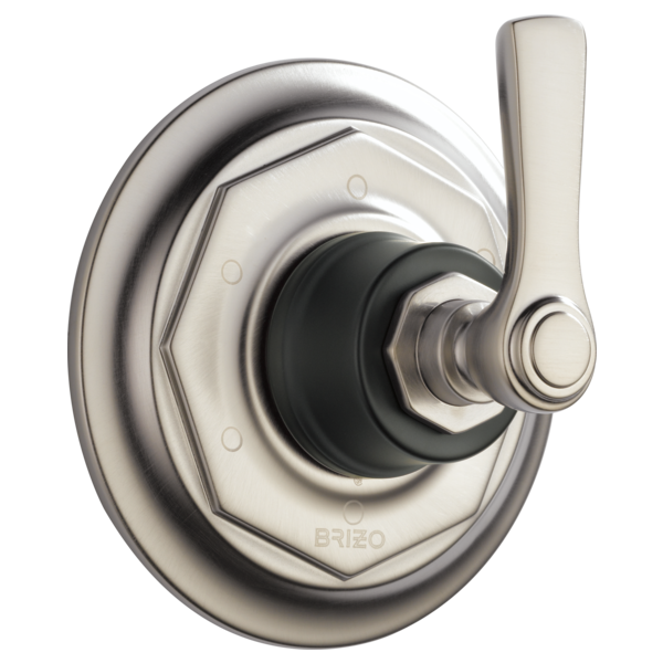 Polished nickel diverter trim with hexagonal escutcheon plate and lever handle for shower valve control.