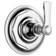 Chrome diverter valve trim with circular escutcheon plate and single lever handle.