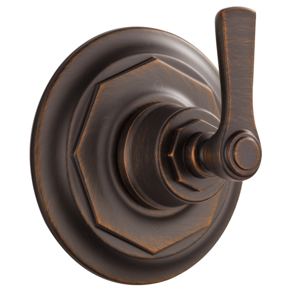 Oil-rubbed bronze diverter trim with circular escutcheon plate and lever handle.