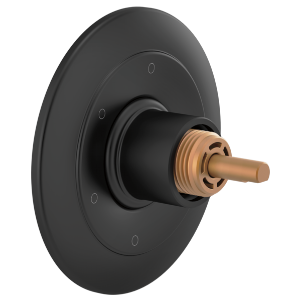 Matte black round diverter trim with bronze valve stem and numbered function indicators.