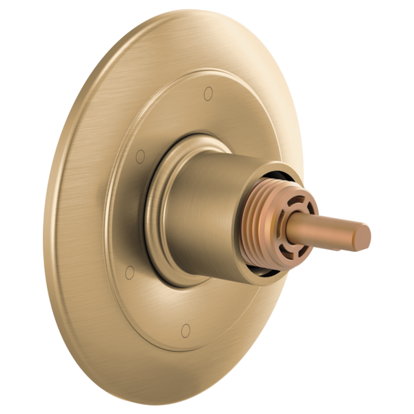 Brushed gold round diverter trim with concentric rings and protruding valve stem, handle-less design.