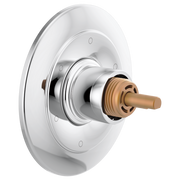 Chrome and white round shower diverter trim with bronze valve stem and multiple function markings.