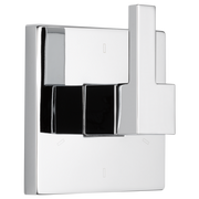 Chrome diverter trim with square handles and black accent strips for multi-function shower control.