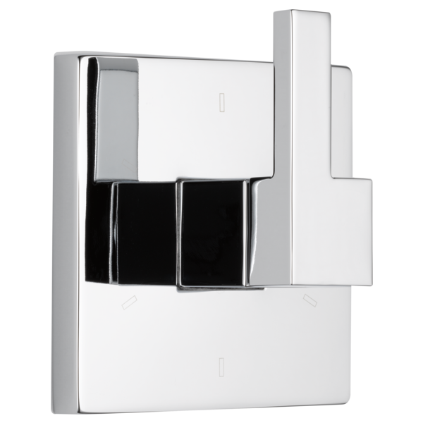 Chrome diverter trim with square handles and black accent strips for multi-function shower control.