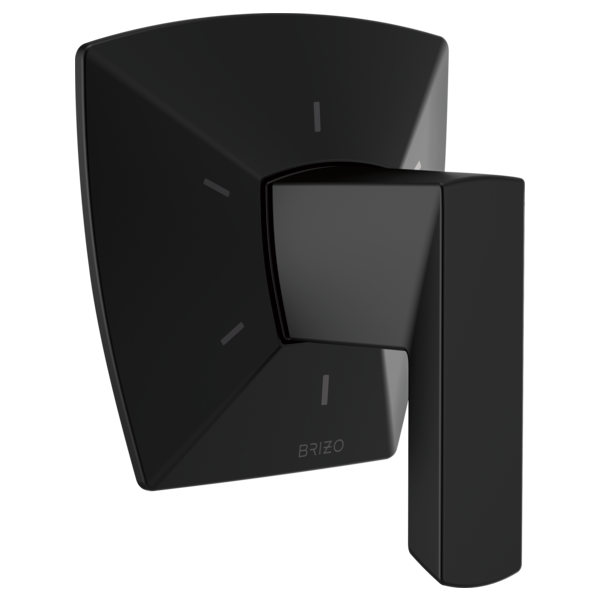 Matte black square diverter trim with rounded lever handle and function markings on curved backplate.
