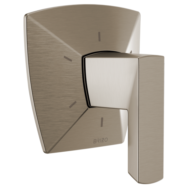 Brushed nickel diverter trim with curved backplate and lever handle, showing six function indicators.