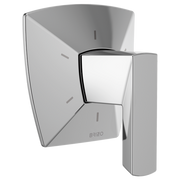 Chrome Brizo Vettis diverter trim with curved square backplate and rectangular lever handle.