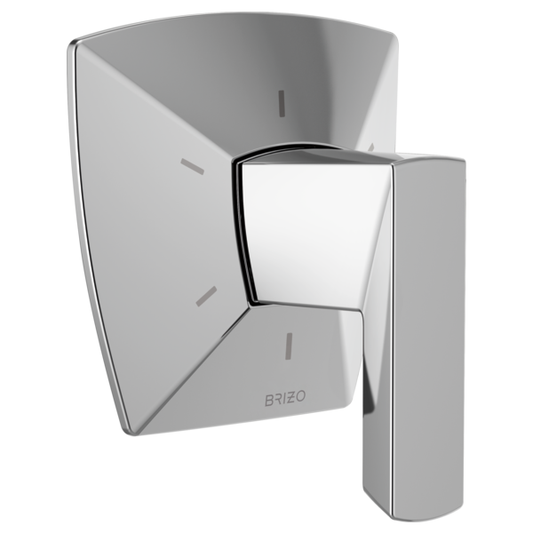Chrome Brizo Vettis diverter trim with curved square backplate and rectangular lever handle.