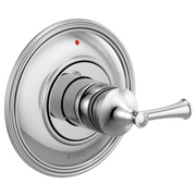 Chrome pressure balance valve trim with circular escutcheon plate, red indicator dot, and lever handle.