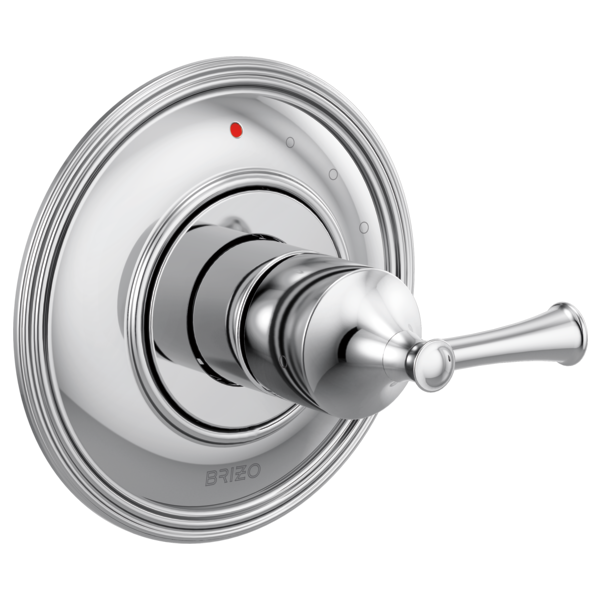 Chrome pressure balance valve trim with circular escutcheon plate, red indicator dot, and lever handle.