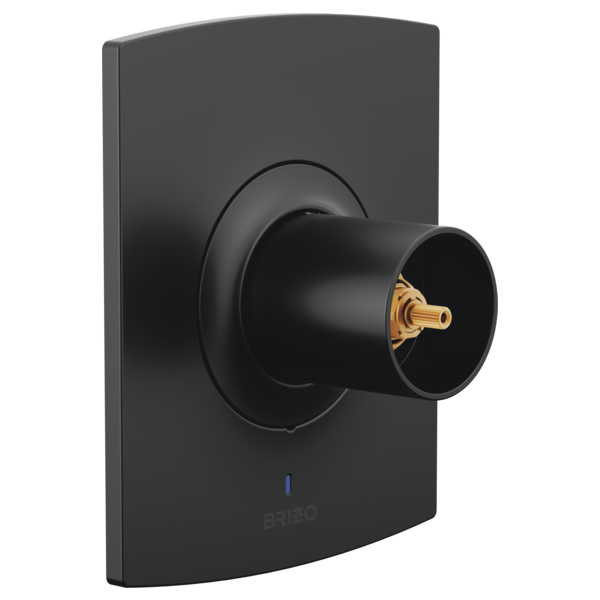 Black pressure balance valve trim with rounded rectangular backplate and protruding black knob with gold center, handle not i