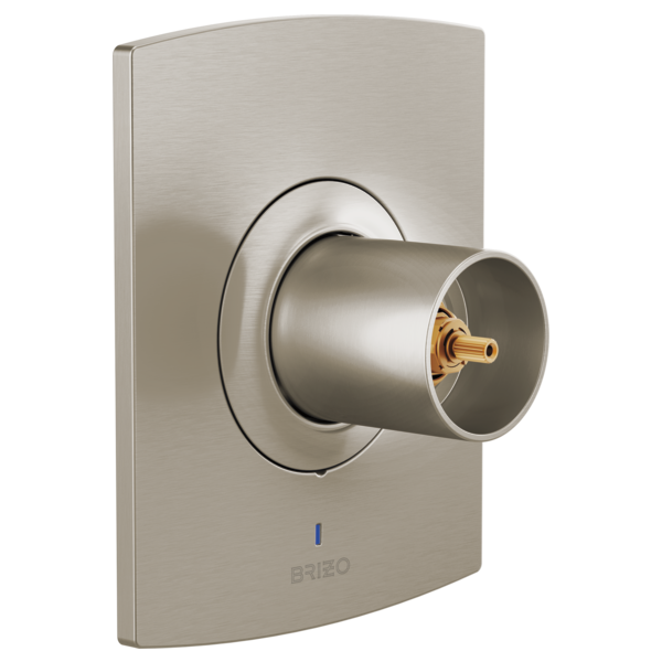 Brushed nickel pressure balance valve trim with cylindrical knob and rectangular escutcheon plate.