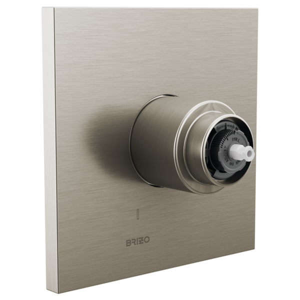 Brushed nickel pressure balance valve trim with round escutcheon plate and temperature control dial, no handle included.