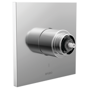 Brizo pressure balance valve trim with cylindrical body and dial control, mounted on square chrome plate without handle.