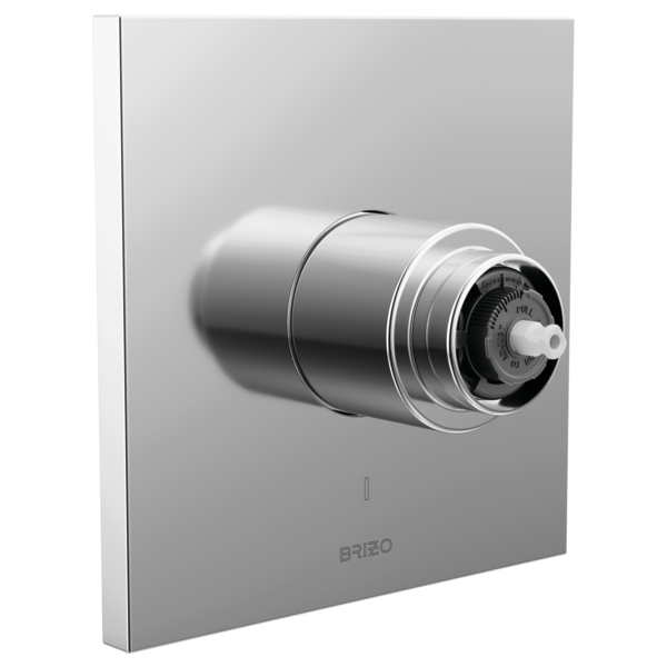 Brizo pressure balance valve trim with cylindrical body and dial control, mounted on square chrome plate without handle.