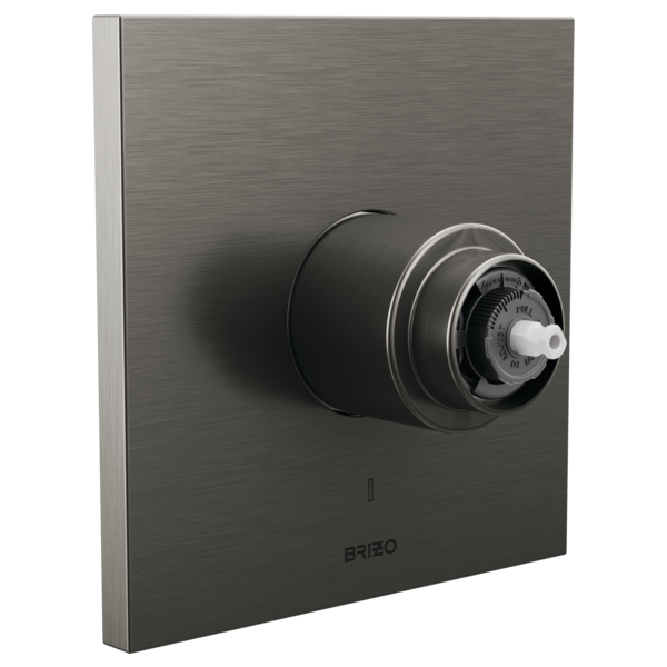 Brushed stainless steel pressure balance valve trim with circular escutcheon plate and dial control, Brizo branding visible.