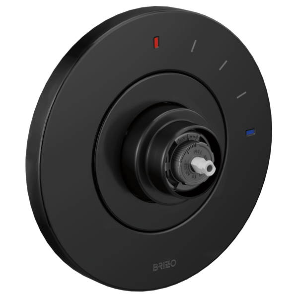 Matte black circular valve trim with concentric rings, temperature indicator markings, and central dial mechanism.