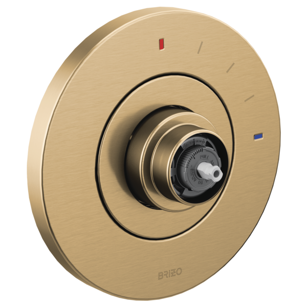 Brushed champagne bronze circular valve trim with concentric rings, central dial knob, and temperature indicator markings.