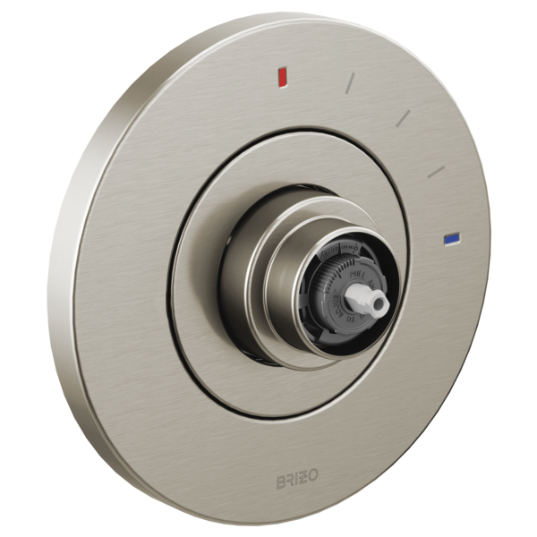 Brizo Litze brushed nickel circular pressure balance valve trim with temperature indicators and central dial control.