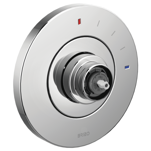 Chrome circular shower valve trim with concentric rings, central dial knob, and temperature indicator markings.