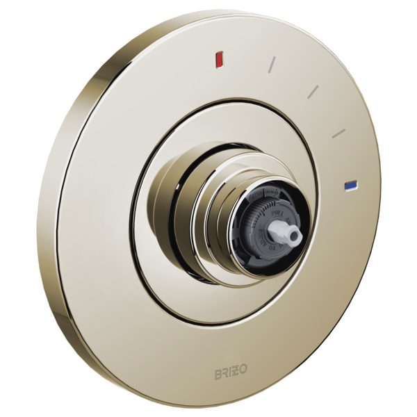Brizo Litze brushed nickel round pressure balance valve trim with concentric rings and temperature indicator marks.