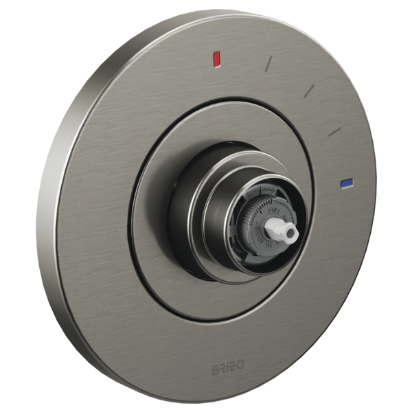 Brizo Litze pressure balance valve trim with circular brushed nickel plate and concentric rings, featuring temperature indica