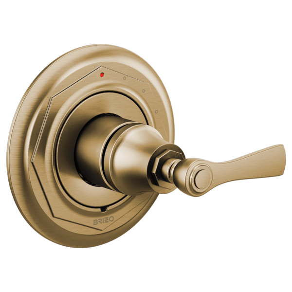 Brushed gold pressure balance valve trim with circular escutcheon plate and lever handle.