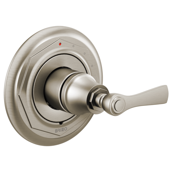 Chrome pressure balance valve trim with round escutcheon plate and lever handle.