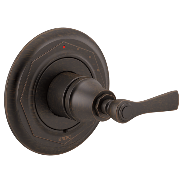 Bronze pressure balance valve trim with lever handle and circular escutcheon plate.